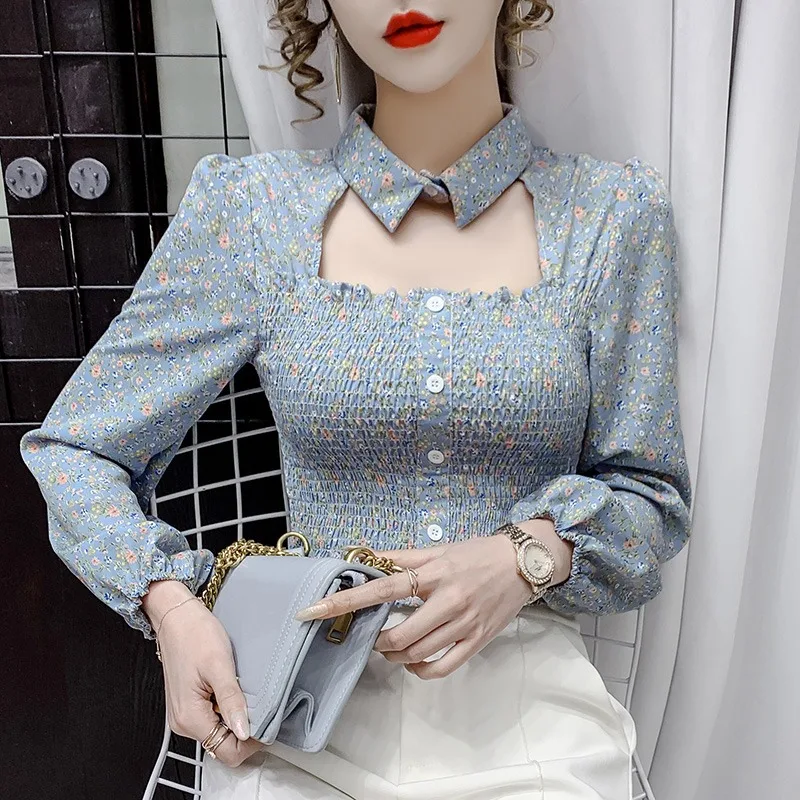 

NN Nana ~ 2021 Spring New Temperament Waist-Controlled Slimming Hollow out Polo Collar Floral Chiffon Shirt Top for Women