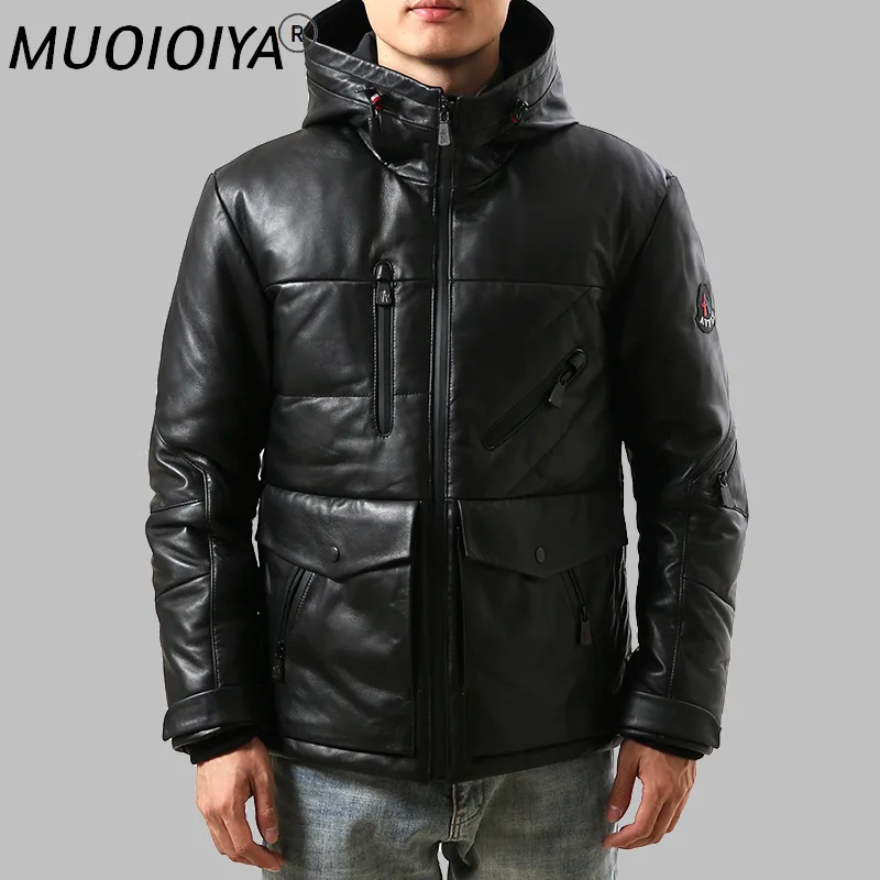 

MUOIOYIA Men's Down Jacket Men Genuine Sheepkin Leather Jackets 90% White Duck Down Coat Male Hooded Clothes Hommes Veste LXR899