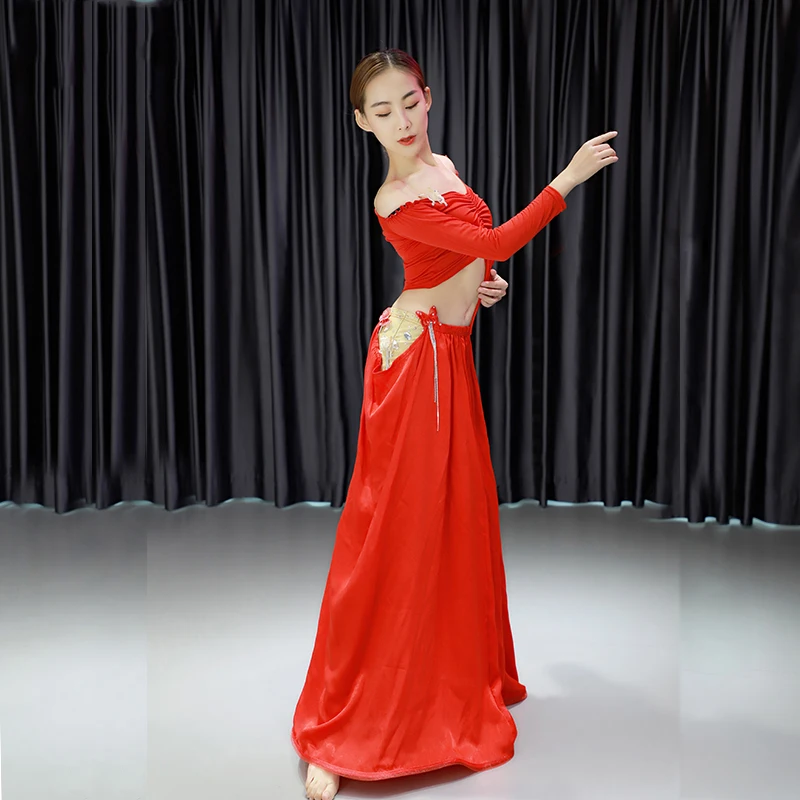 

Belly dance suit strapless top long sleeve split skirt high-end exercise clothing suit female adult elegant performance clothing