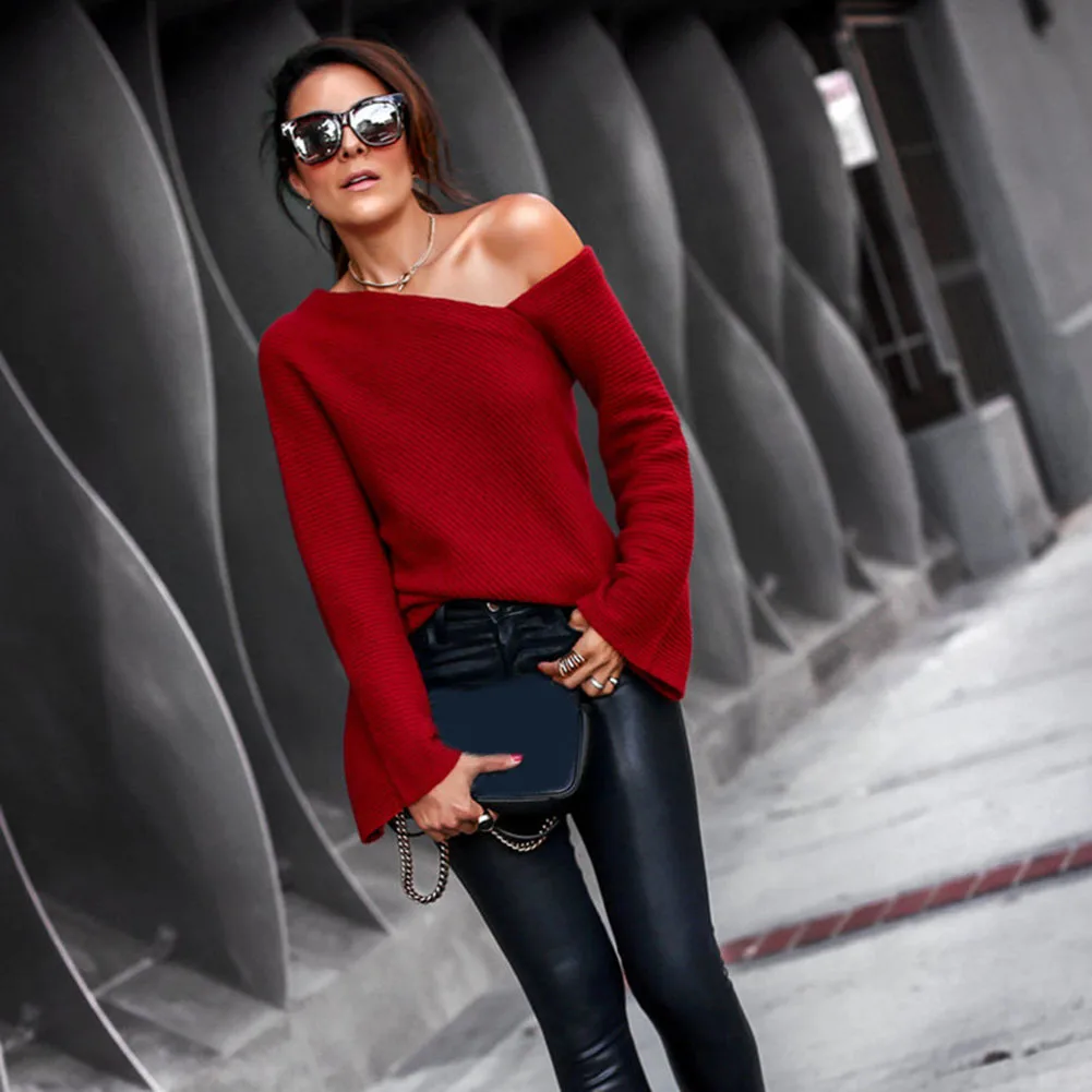 Женский Осенний вязаный свитер с широкими расклешенными рукавами однотонные