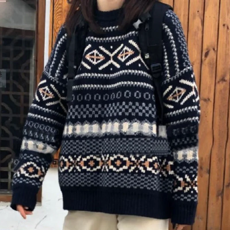 Женский вязаный свитер жаккардовый пуловер оверсайз свободный винтажный