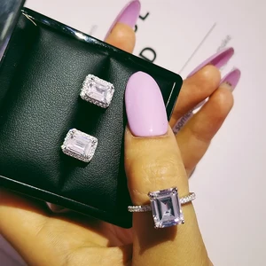 Комплект ювелирных украшений для невесты, комплект из 2 круглых сережек-гвоздиков серебристого цвета, обручальное кольцо с ореолом, подарок на свадьбу, Рождество, вечеринку, J4744