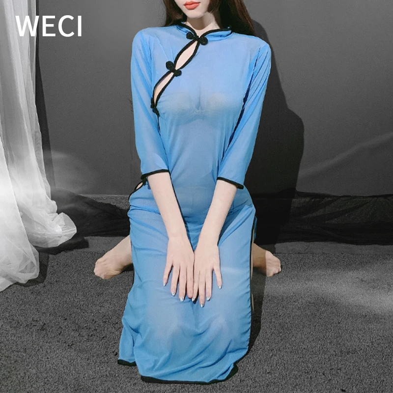 WECI Для женщин сексуальное платье Чонсам халат прозрачное белье в стиле школьницы