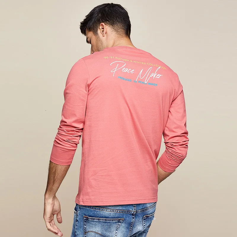 KUEGOU 2019 Autumn 100% Cotton Plain White Print T Shirt Men Tshirt Brand T-shirt Long Sleeve Tee Fashion Clothes Top 7749 | Мужская