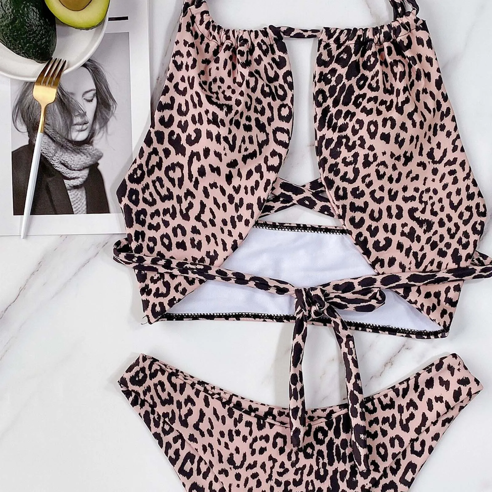 

Two Piece 2021 Summer Women Sexy Bandage Leopard Printing Backless Hollow Out Swimwear Bikini Beachwear Set Bathing Suit