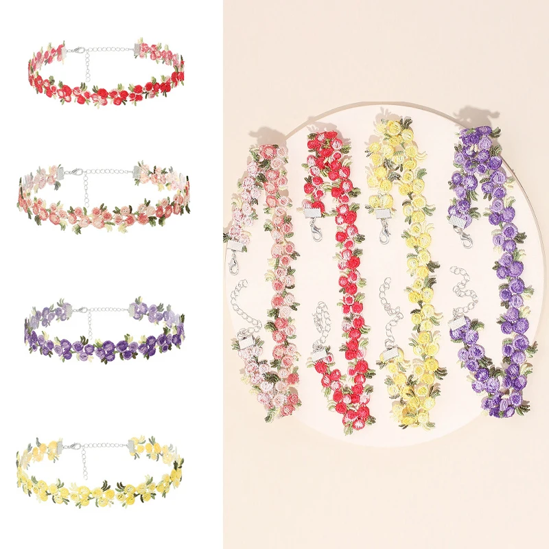 

Colorful Flowers Red Green Purple Yellow Pink White Blue Cloth Fabric Art Silver Plated Alloy Choker Necklace for Women