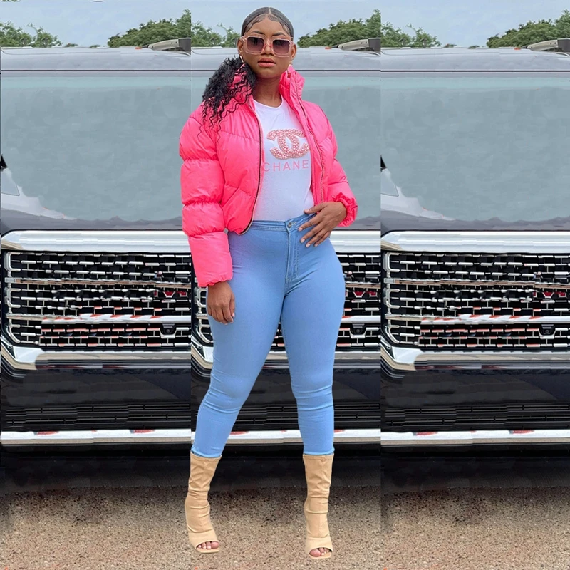 Women Solid Down Coat Winter Long Sleeve Stand Collar Parka Thick Warm Bubble Coat Zipper Cropped Puffer Outfit Casual Overcoat