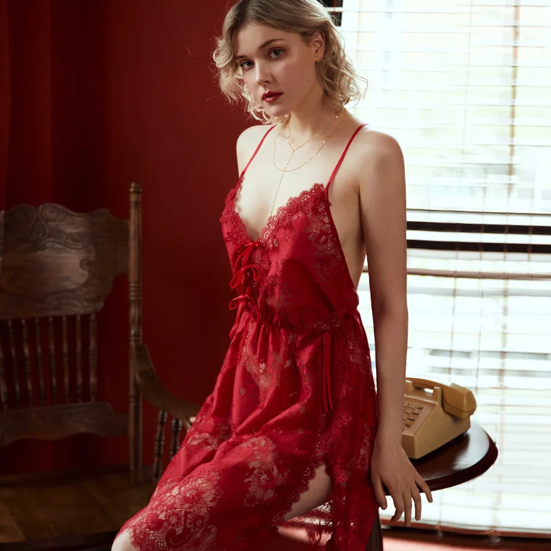 Женское Сексуальное Красное Длинное ночное платье Caiyier кружевные прозрачные