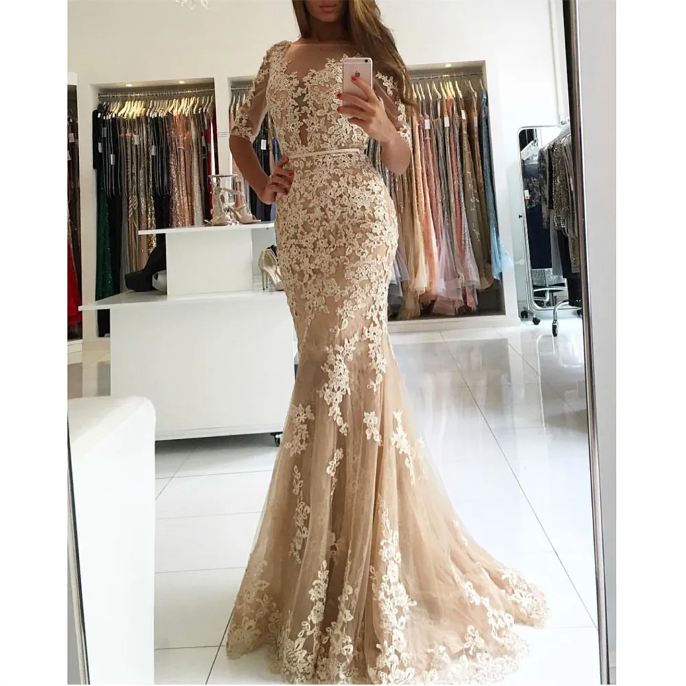 HONGFUYU Lace Champagne Evening Dresses Half Sleeves Mermaid Party Prom Dress Women's Formal vestido de festa Appliques | Свадьбы и