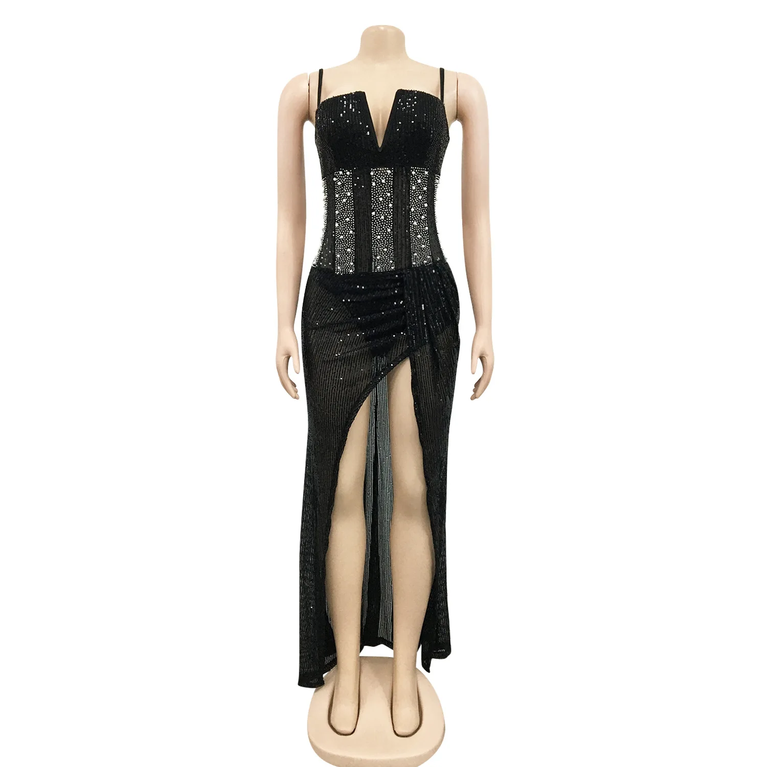 

Elegant Hot Drilling Beading Sequined Long Women Dress Sexy Sling High Slit Sheer Mesh Patchwork See Through Club Party Dresses