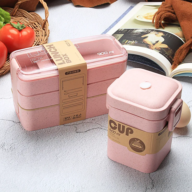 

900ml Microwave Oven Lunch Box Three-layer Wheat Straw Healthy Material Lunch Box Tableware Food Storage Portable Lunch Box Tool