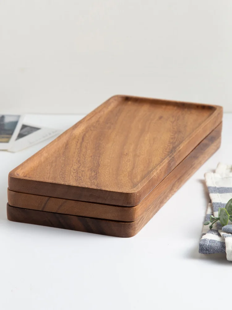 

Acacia Wood Rectangle Tea Tray Eco Natural Whole Black Walnut No Paint No Wax Desserts Plate Home Kitchen Storage Trays