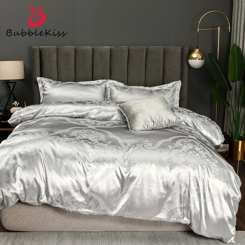 

Bubble Kiss Luxury Solid Satin Bed Sheet Linen Court Style Gold Silver Duvet Cover Set Single Double Twin/Queen 3PCS Bedding Set