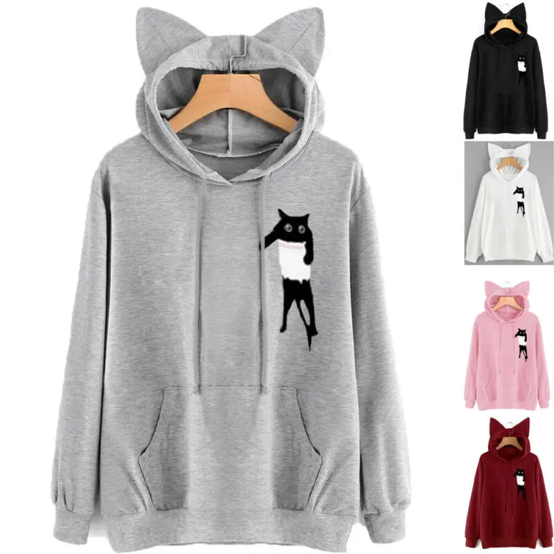 

New Style Women Hoodies Girl Print Cat Long Sleeve Top Hooded Full Hoodie Fashion Hot 2019 Wear With Pocket With Hat