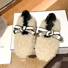 Женские мокасины на плоской подошве, повседневные Черные туфли из меха ягненка, с бантом, с закрытым носком, для зимы, 2021
