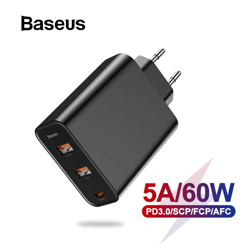 Baseus 3 порта USB зарядное устройство с PD3.0 быстрое зарядное устройство для iPhone 11 Pro Max Xr 60 Вт Quick Charge 4,0 FCP SCP для Redmi Note 7 huawei