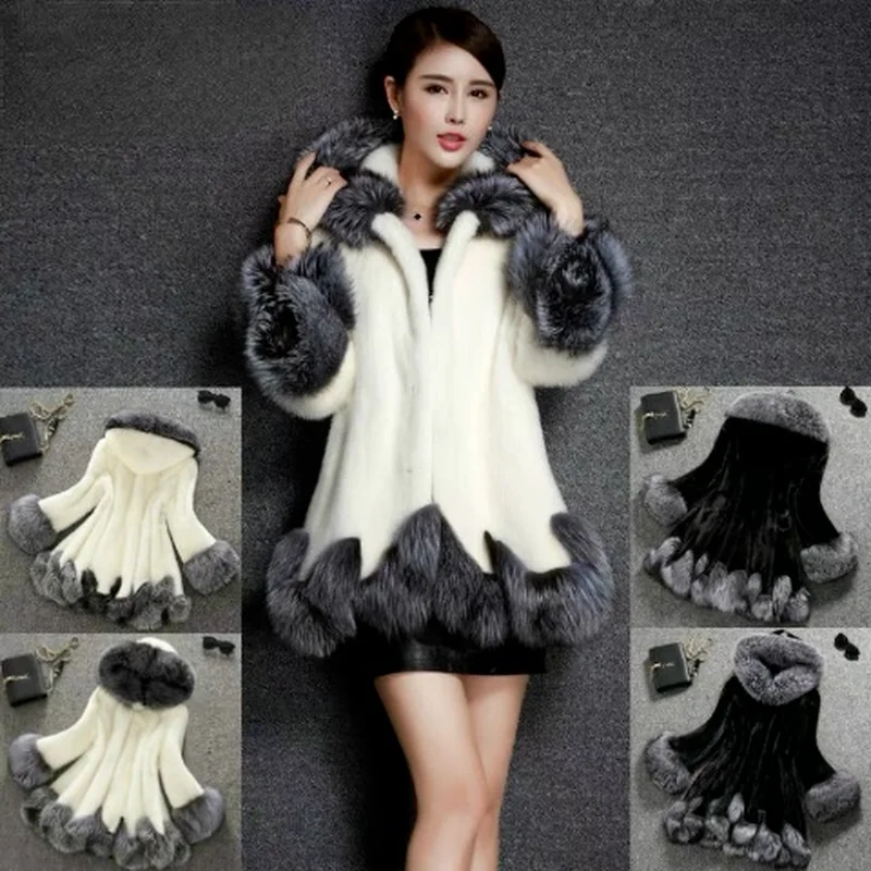 Faux Fur Coat Women Autumn Winter Mink Coat Fox Fur Collar Hooded Jacket Plus Size 6XL Tops Fur Jackets Female Christmas Clothes