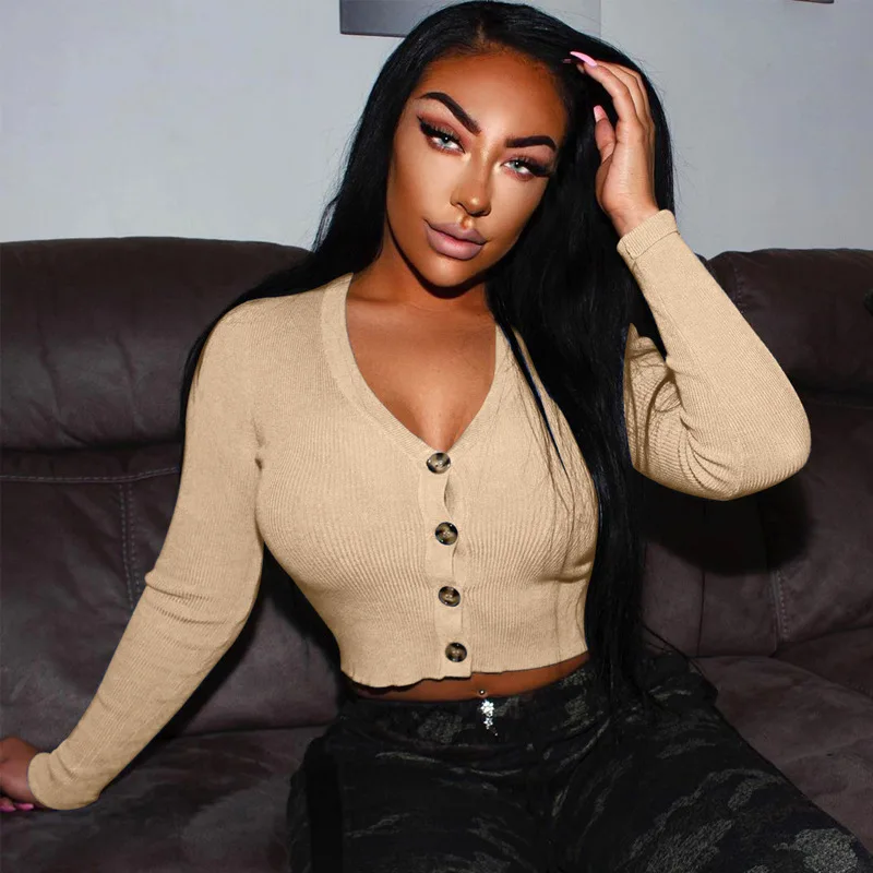 

V Neck Knitted Cardigan Women Button Casual Cardigan 2020 Ladies Autumn Long Sleeve Jumper