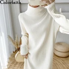 ColorfaithНовинка 2021 года; Женские платья осень-зима; Элегантные женские винтажные вязаные модные теплые длинные платья с высоким воротником; DR7376