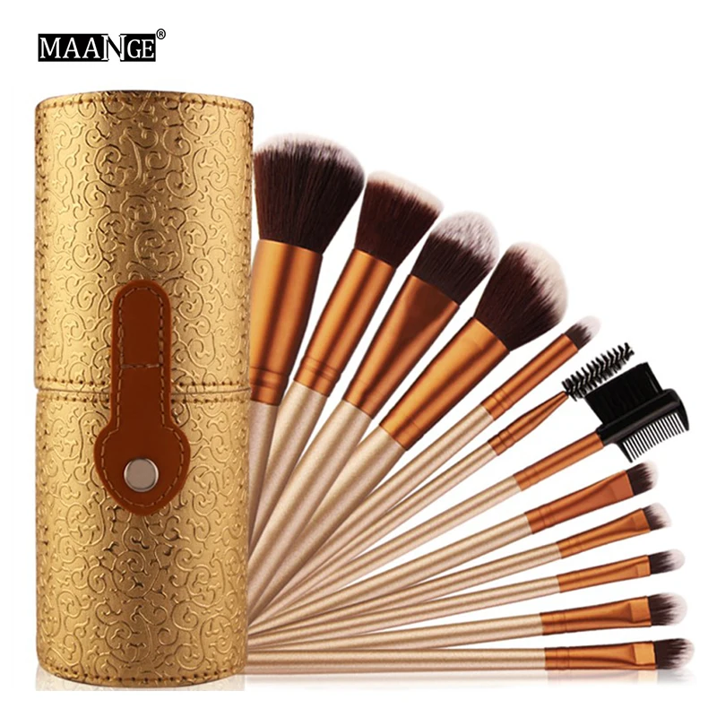 Professional 12Pcs Makeup Brushes Kit Studio Holder Tube Convenient Portable Leather Cup Natural Hair Synthetic