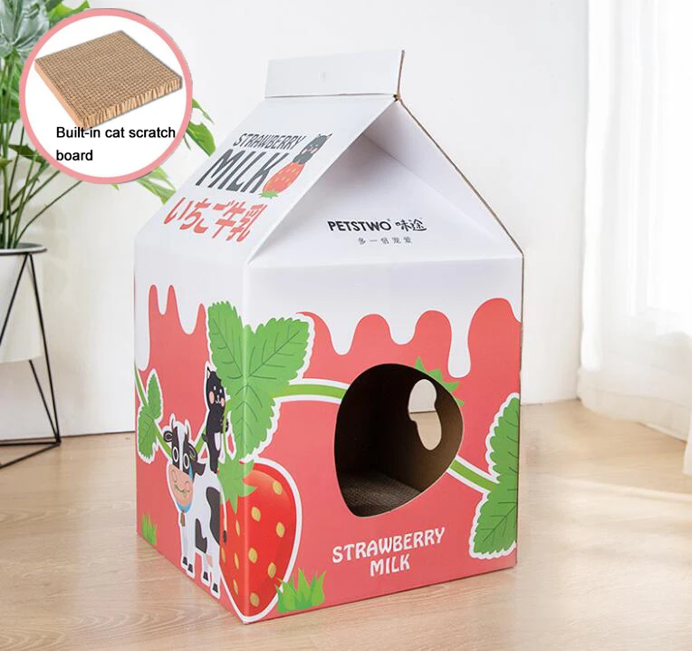 strawberry2 HIPET коробка для сока домик для кошек с скретч-доской Складная гофрированная бумага гнездо для домашних животных для маленьких собак щенков кошек спальный дом - Цвет: strawberry2