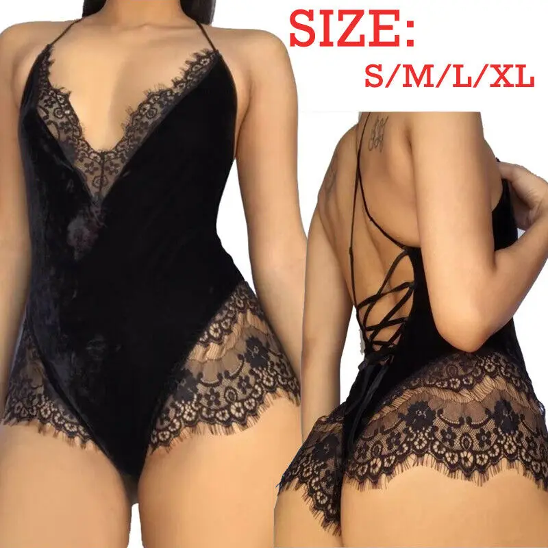 Women Elegant Lace Ladies Clubwear Deep-V Neck Playsuit Elastic Slim Sleeveless Backless Jumpsuit Sexy Bodysuit Romper Sleepwear | Женская