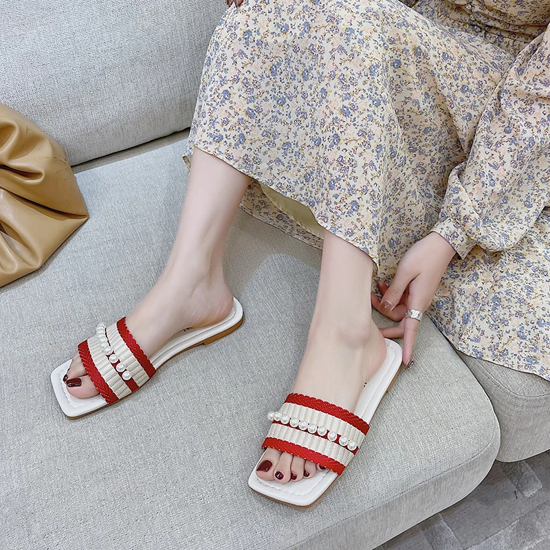 

Rubber Flip Flops Shoes Woman 2021 Multicolored Sandals Low Slippers Summer Pantofle Shale Female Beach String Bead Cross-Tied H