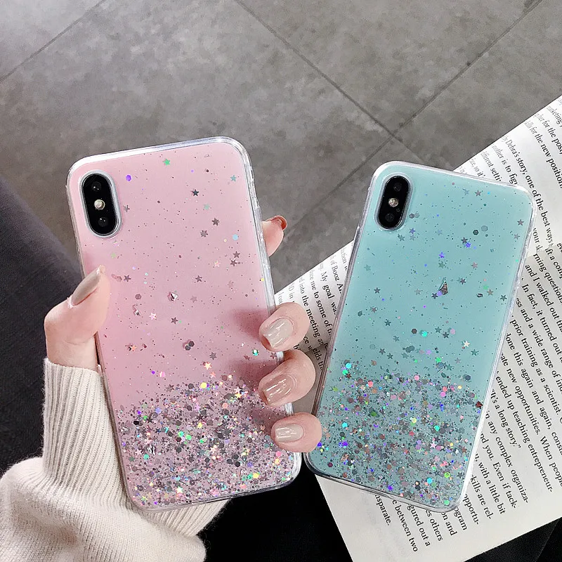 Блестящий силиконовый чехол со звездами для iPhone 11 Pro XS X XR Max блестящий прозрачный