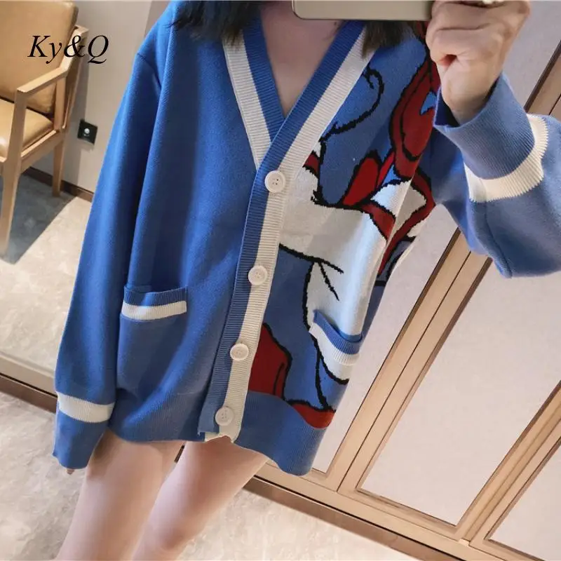 

Sweet 2020 Autumn New Cartoon Jacket Wild V-neck Knitted Cardigan Women Loose Contrast Color Coat Casual Sweater Clothing