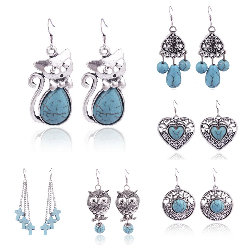 

CANZE Women New Bohemian Style Eardrop Owl Fox Heart Cross Green Alloy Turquoise Earrings