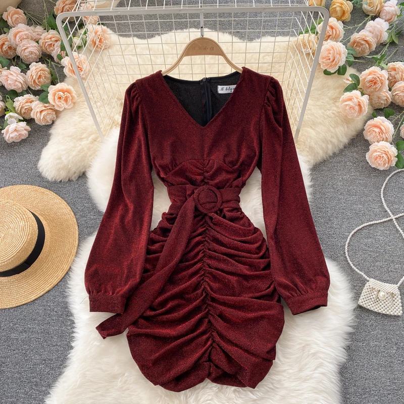 

closed design feeling show thin waist, long sleeve v-neck agaric edge fold belt and sexy package hip women dress