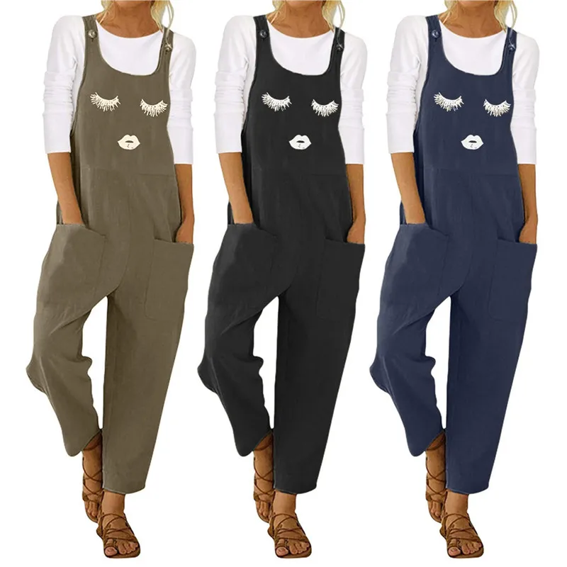 

Fashion Women Overalls Eyelash Lip Printed Pattern U-shaped Collar Sleeveless Cotton Linen Jumpsuit Streetwear