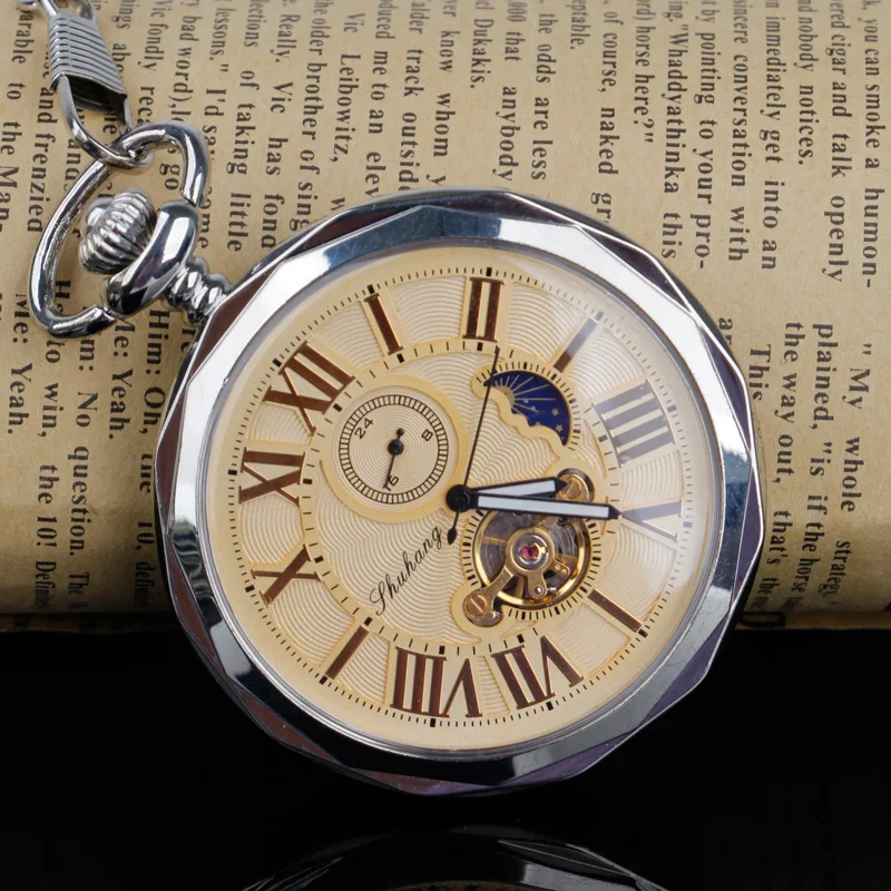 New Arrvial Open Face Hand-winding Tourbillon Mechanical Pocket Watch Roman Number Moon Phase Fob Watch Gift