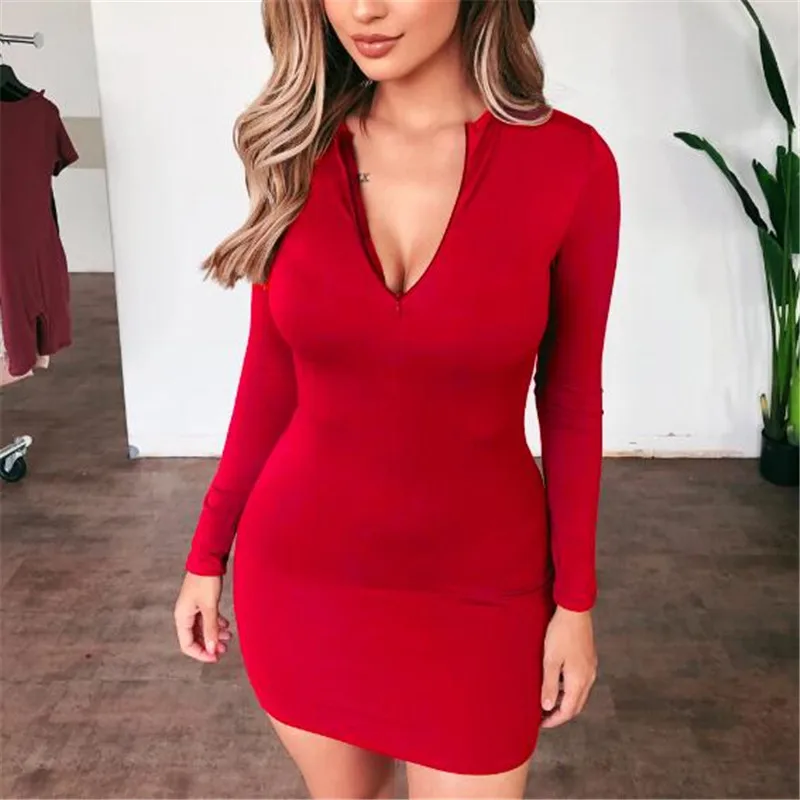 

2020 Long Sleeve Slim Bodycon Sexy Mini Dress Fall Winter Women Streetwear Party Festival Dresses Outfits Slim Low Cut Dresses