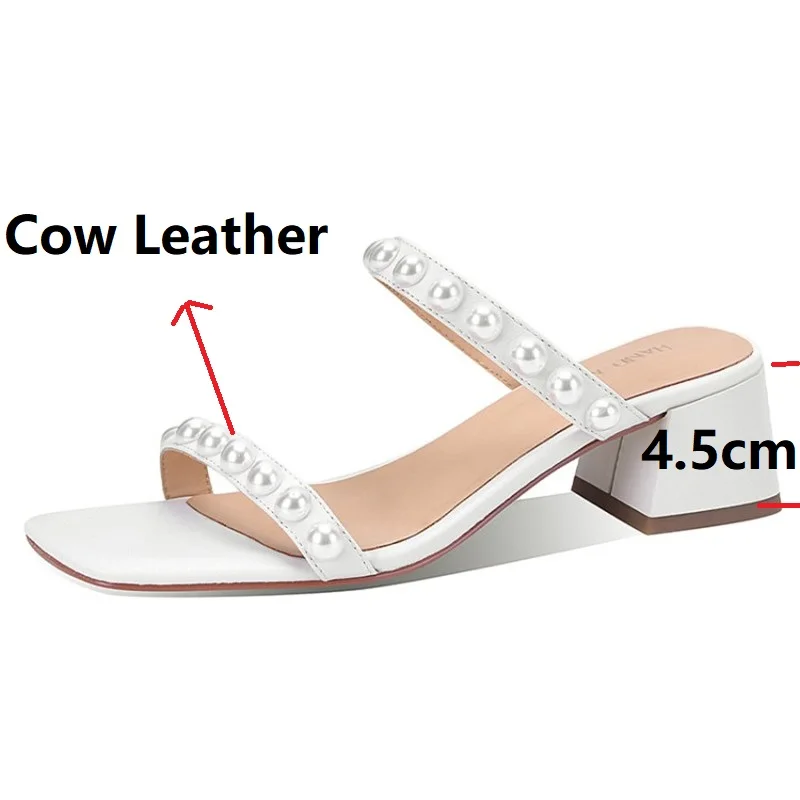 

Ochanmeb Size 34-39 Women's Natural Full Grain Leather Slipper Woman Chunky Heels Pearls Beach Sandals Party Shoe Beige Nude New