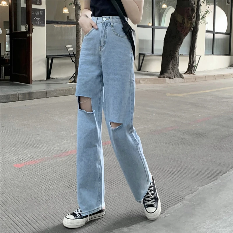 Jeans Bai with holes jeans Korean loose high waist blue commuter straight leg wide leg pants