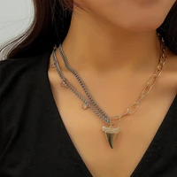 retro shark tooth pendant necklace for women gold silver color metal chain stitching crystal tassel clavicle chain 2021 trend