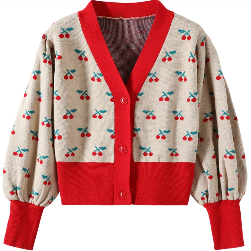 

Свитер женский осенне-зимний с V-образным вырезом Вишневый, милый свободный Универсальный свитер с пышными рукавами, новинка 2020