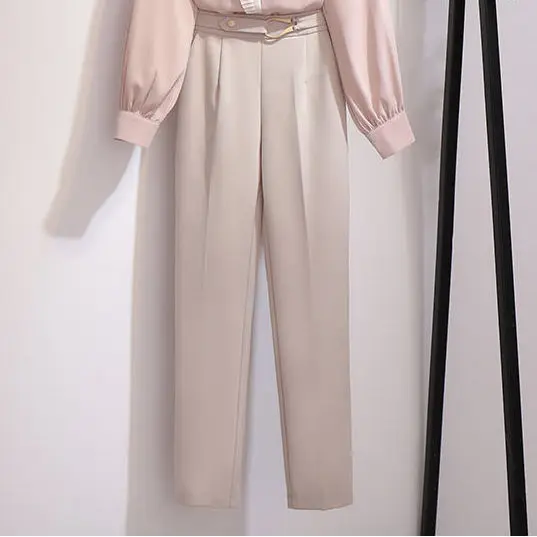 

Women 2021 Spring Autumn Two Piece Sets Female Long-sleeved Patchwork Loose Shirts Ladies Solid Color Casual Pants Suits K45