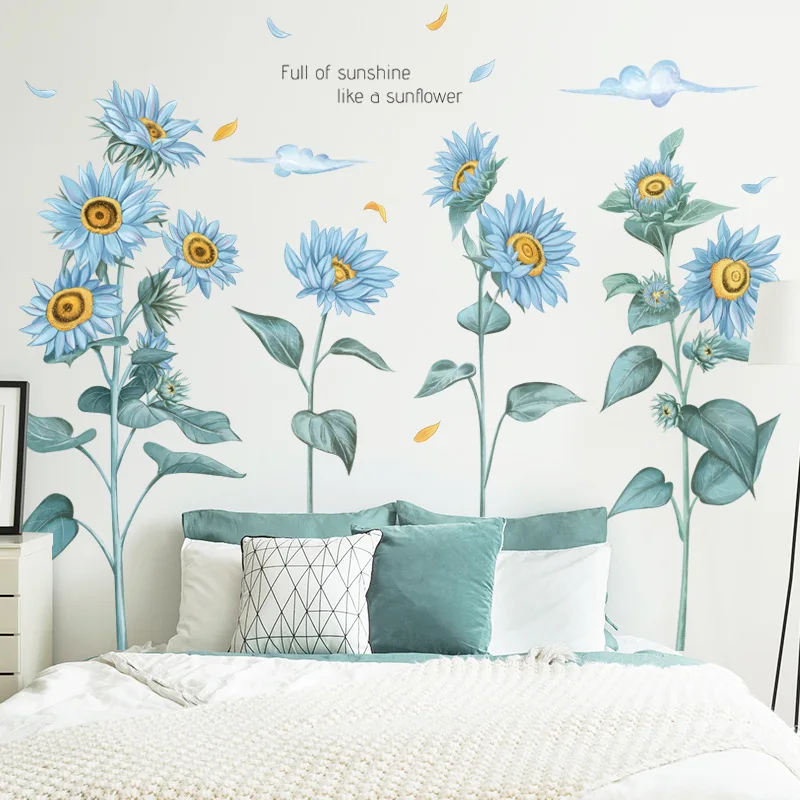 Blue Sunflower Wall stickers for Living room Bedroom Sofa Background Decor Vinyl PVC Decals Art Murals Home Decoration | Дом и сад