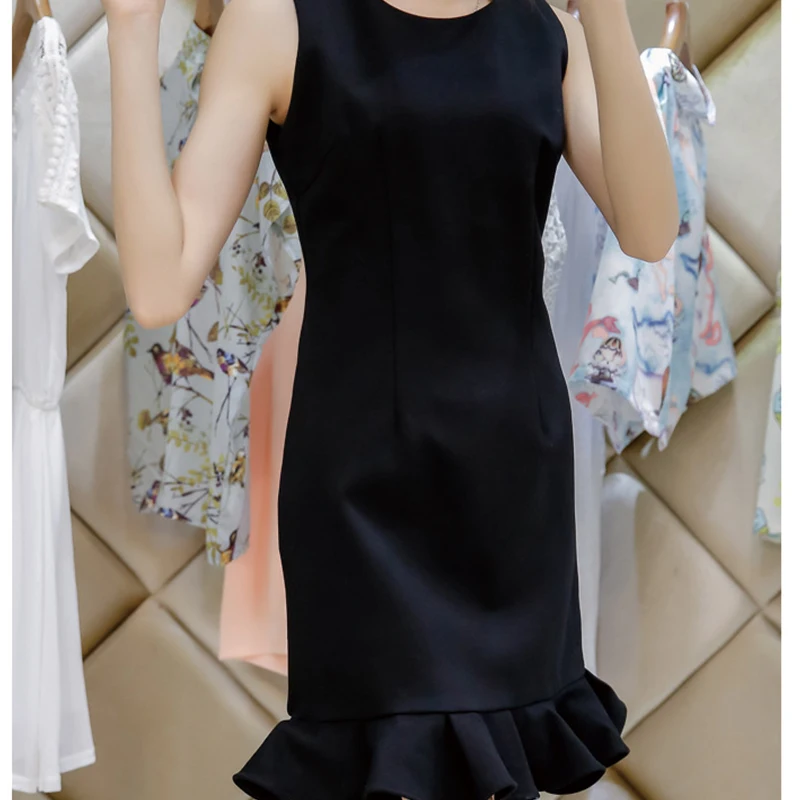 

CN Summer Dress For Women 2021 Fashion O Neck Slim Mermaid Dress Elegant Office A Line Sleeveless Solid Color Women's Clothing