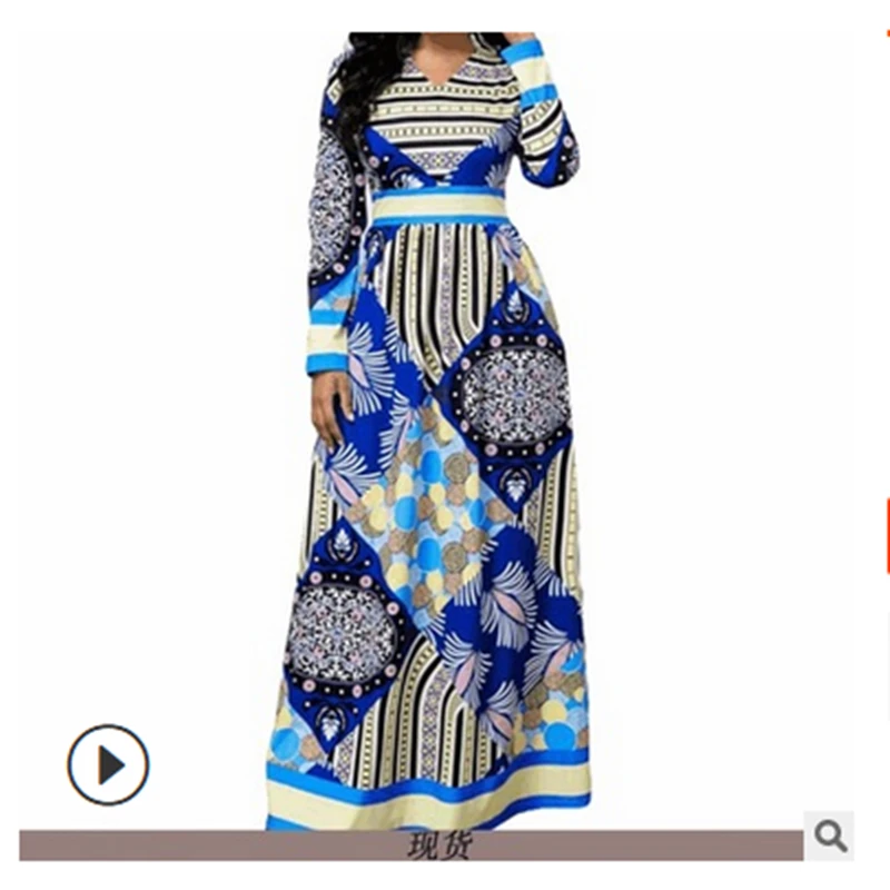 

New V-neck Fashion Printing High Waist Slim Party Long Dress Spring and Autumn Skirt