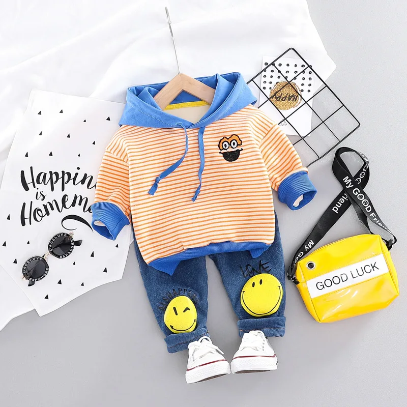 Флисовый костюм для мальчиков и девочек свитер в полоску толстовка с капюшоном