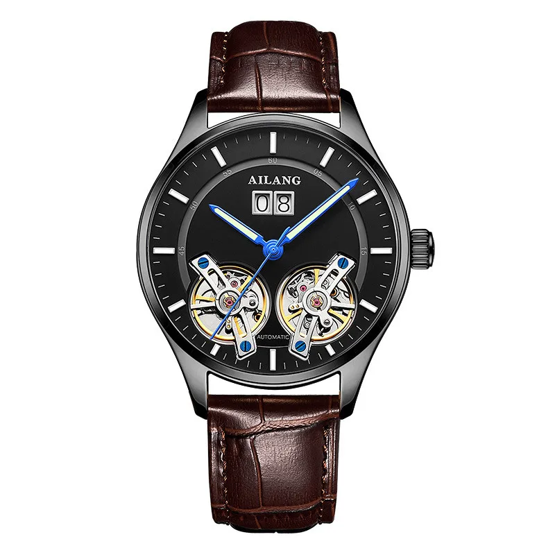AILANG Лидирующий бренд Роскошные водонепроницаемые спортивные двойные Tourbillon Мужские часы Военные автоматические механические часы мужские часы с календарем - Цвет: Leather 03