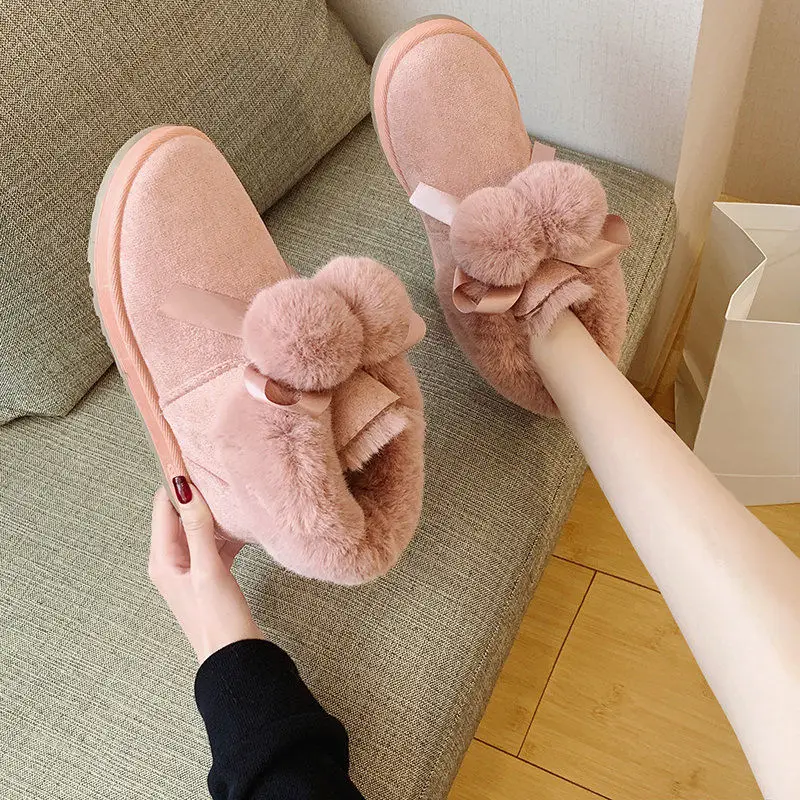 2019 г. новые модные зимние сапоги с помпонами и бантиком женские короткие