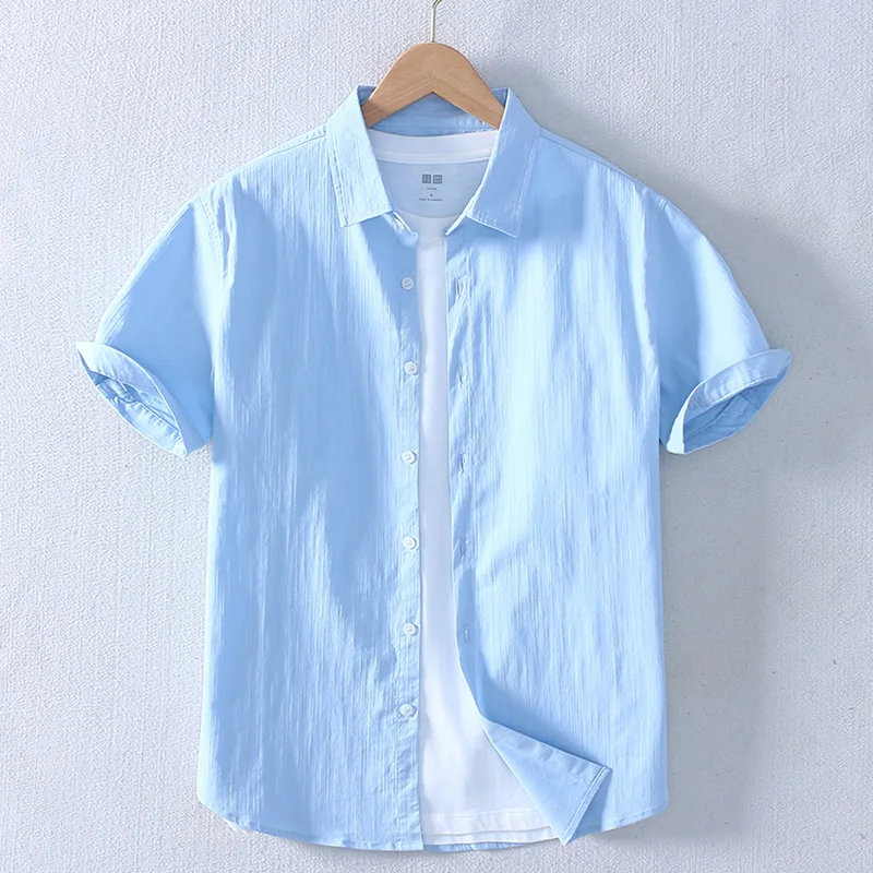 

Summer New 2021 Men Summer Thin Pure Cotton Short Sleeved Shirt Casual Turn-down Collar Comfortable Solid Color Shirt