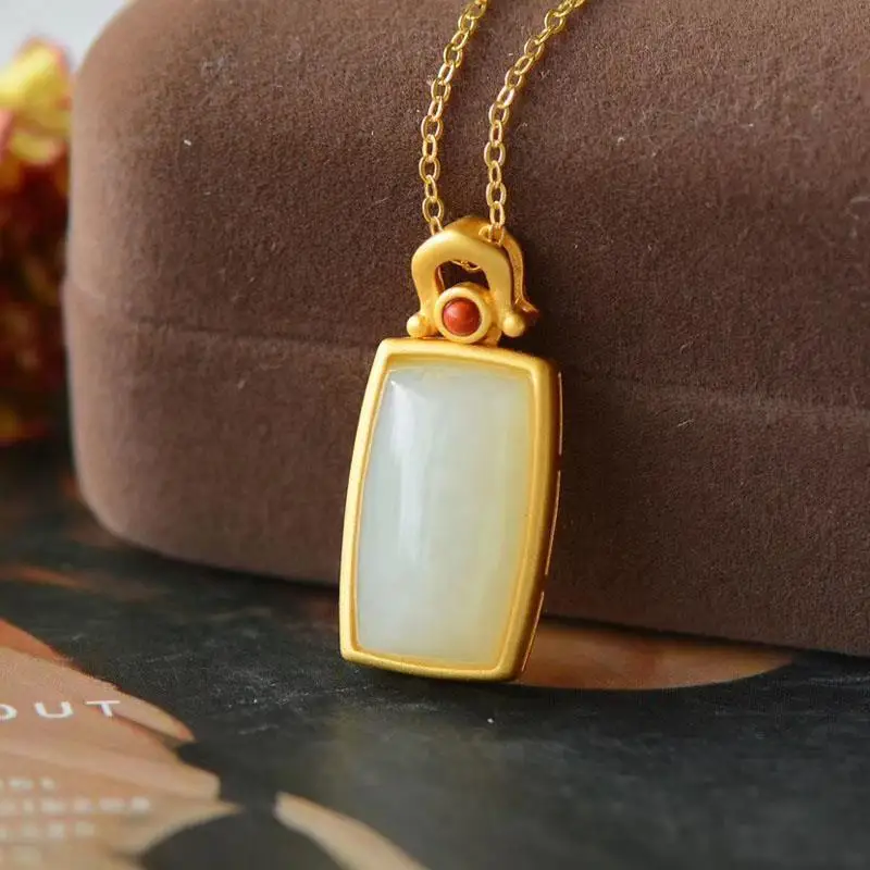 

Natural Hetian Jade Egg Surface Lucky Pendant Necklace Jade Pendant Women's Sterling Silver Inlaid Gift Simple Fashion