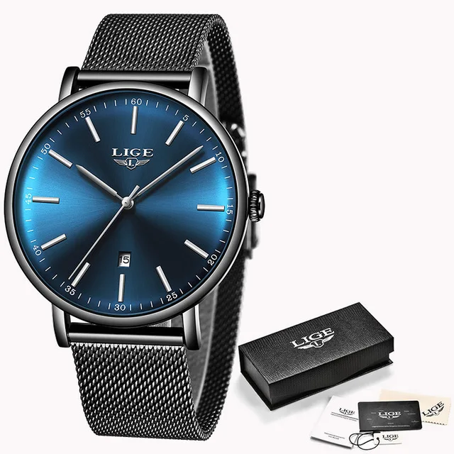 black silver blue Для женщин часы lige top бренд класса люкс Для женщин модные Повседневное все Сталь ультра-тонкий пояс сетки кварцевые наручные часы Feminino+ коробка - Цвет: black silver blue
