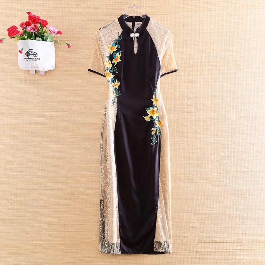 

Женское платье-Ципао в китайском стиле, элегантное Приталенное кружевное вечернее платье с вышивкой в стиле ретро, лето