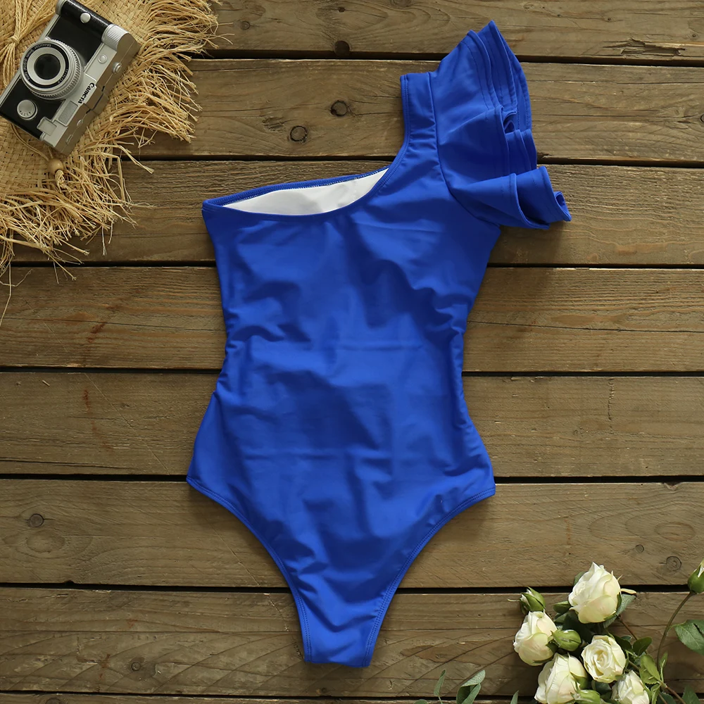 2021 Summer Beach Wear Vacation Outfits Summer Beach One Piece Swimsuit Shoulder Ruffle Red Blue Bathing Suit